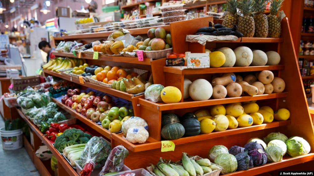 In this April 24, 2014 file photo, a variety of healthy fruits and vegetables are displayed for sale at a market in Washington. (AP Photo/J. Scott Applewhite, File)