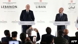 Serokwezîrê demkî yê Lubnanê Necîb Mîqatî û Wezîrê Derve yê Fransa Jean-Noel Barrot di preskonferansa hevbeş de li Paris 24ê Cotmehê 2024.