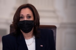 U.S. Vice President Kamala Harris speaks during a meeting with immigration advisers in the State Dining Room at the White House in Washington, March 24, 2021.