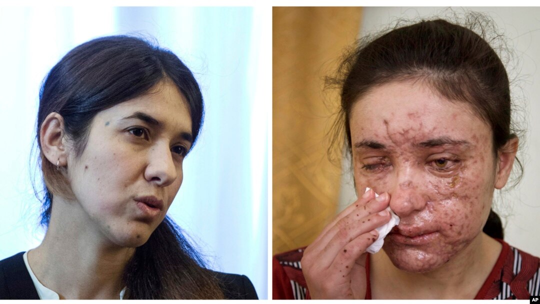 Bà Nadia Murad (trái) và bà Lamis Haji Bashar là hai trong số hàng ngàn phụ nữ Yazidi bị nhóm Nhà nước Hồi giáo bắt cóc và bắt làm nô lệ tình dục.