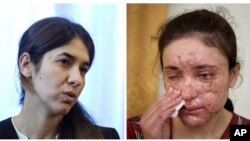 Nadia Murad Basee (kiri) dan Lamiya Aji Bashar (kanan) memperoleh penghargaan Shakarov dari Parlemen Eropa untuk kebebasan berpikir dan mengemukakan pendapat, 27 Oktober 2016 (AP Photo/Yorgos Karahalis, Balint Szlanko, File).