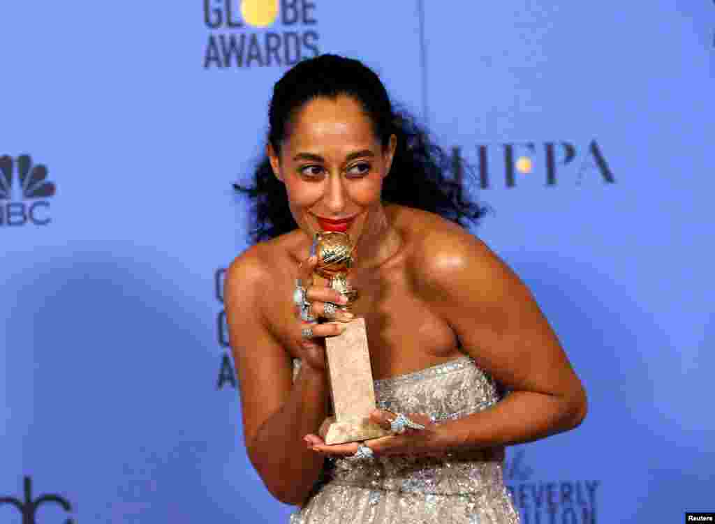 Actress Tracee Ellis Ross holds the Golden Globe award for Best Performance by an Actress in a Television Series - Musical or Comedy for "Black-ish", Jan. 8, 2017.