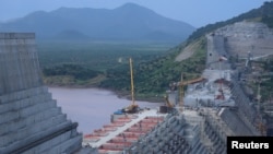 FILE - Ethiopia's Grand Renaissance Dam is seen as it undergoes construction work on the river Nile in Ethiopia, Sept. 26, 2019.