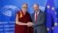 Tibet's exiled spiritual leader the Dalai Lama (L), is welcomed by European Parliament president Martin Schulz at the European Parliament in Strasbourg, France, Sept. 15, 2016. 