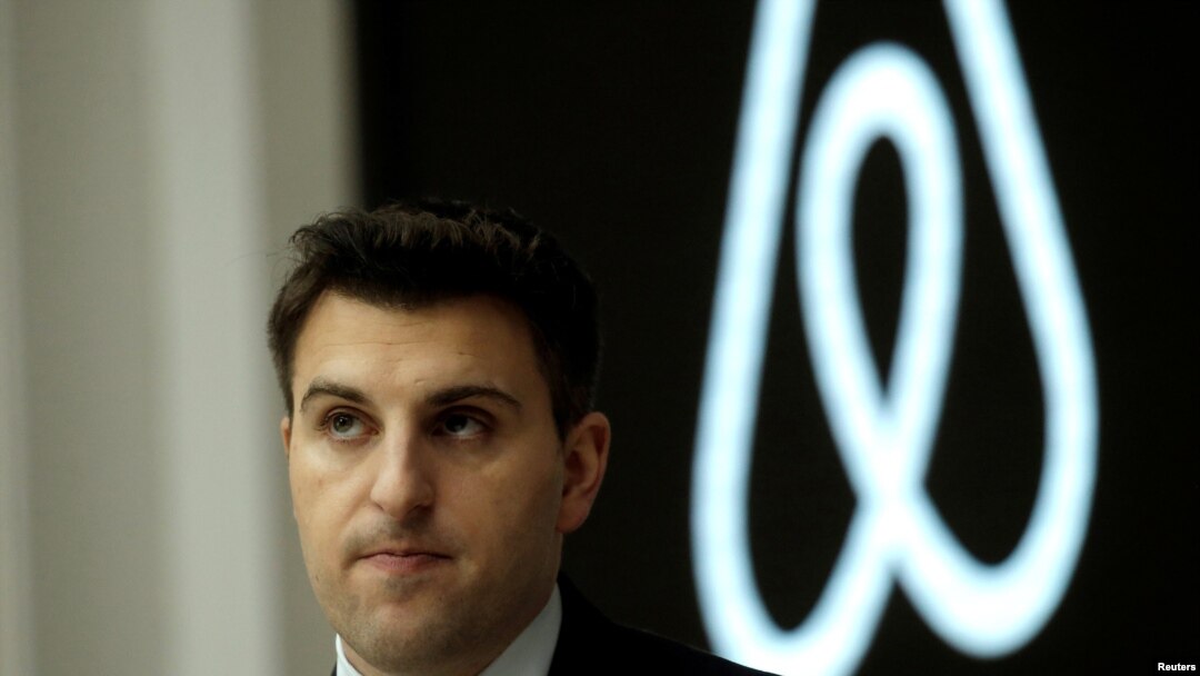 FILE - Brian Chesky, CEO and co-founder of Airbnb, speaks to the Economic Club of New York at a luncheon at the New York Stock Exchange (NYSE) in New York, March 13, 2017. 
