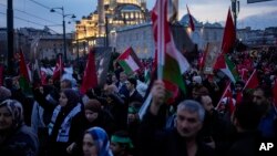 People demonstrate in Istanbul, Turkey, on Jan. 1, 2024, in solidarity with Palestinians in Gaza. Turkey on Jan. 2 arrested 34 people on suspicion of spying for Israel and planning to carry out actions against foreign nationals living in Turkey.