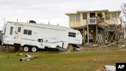 A recreational vehicle damaged by Hurricane Zeta is pictured in Grand Isle, La., Oct. 30, 2020.