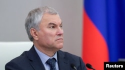 Vyacheslav Volodin, speaker of Russia's State Duma, attends a session in Moscow on Oct. 17, 2023. "We are protecting our country," he said the next day as the chamber passed a bill to revoke Russia's ratification of a nuclear test ban treaty. (Russian State Duma via Reuters) 