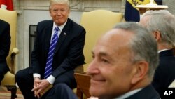 President Donald Trump and Senate Democratic Minority Leader Chuck Schumer are seen during a meeting with other Congressional leaders in the Oval Office of the White House in Washington, Sept. 6, 2017.