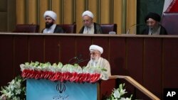 In this photo released by the official website of the office of the Iranian presidency, hard-line Iranian cleric Ayatollah Ahmad Jannati speaks during the inaugural meeting of the Assembly of Experts in Tehran, Iran, May 24, 2016.