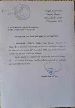 The resignation letter of Fonguh Joseph Ngu, first deputy mayor of Bamenda II Council