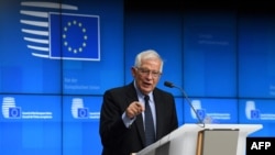 រូបឯកសារ៖ លោក Josep Borrell ប្រធាន​គោល​នយោបាយ​ការ​បរទេស​របស់​សហភាព​អឺរ៉ុប​ថ្លែង​សន្និសិត​​រួម​មួយ​ ក្រោយ​កិច្ចប្រជុំ​ក្រុមប្រឹក្សា​កិច្ចការ​បរទេស​នៅ​ឯ​ស្នាក់ការ​កណ្តាល​សហភាព​អឺរ៉ុប​កាលពី​ថ្ងៃទី១២ ខែ​កក្កដា ឆ្នាំ២០២១។ (AFP)