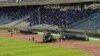 In this photo shared on social media, an Iranian military vehicle is deployed at Tehran’s Azadi Stadium on Aug. 10, 2018, in an apparent effort to quiet football fans chanting “Death to the dictator” ahead of a match.