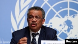 FILE - Director-General of the World Health Organization Tedros Adhanom Ghebreyesus speaks during a news conference on the situation of the coronavirus at the United Nations, in Geneva, Switzerland, Jan. 29, 2020.