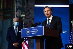 FILE - Nominated Secretary of State Antony Blinken speaks following a cabinet announcement by U.S. President-elect Joe Biden in Wilmington, Delaware, Nov. 24, 2020.