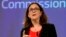 European Commissioner for Trade Cecilia Malmstrom speaks during a media conference at EU headquarters in Brussels, Sept. 18, 2018. 