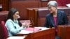 Senator Jacqui Lambie, left, speaks to Australian Foreign Minister Penny Wong during debate in the Senate chamber at Parliament House in Canberra, Australia, Nov. 28, 2024.