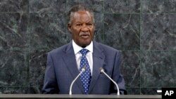 FILE - Michael Chilufya Sata, President of Zambia, speaks during the general debate of the 68th session of the United Nations General Assembly at United Nations headquarters, Sept. 24, 2013.