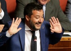 Italian Interior Minister and Deputy-Premier Matteo Salvini addresses the Senate in Rome, Aug. 13, 2019.