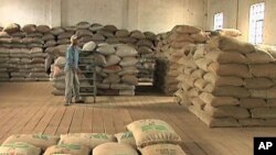 Bags of coffee beans are ready for market in a Garca, Brazil warehouse