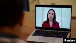 Venezuela's opposition leader Maria Corina Machado during a virtual press conference