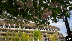 Cherry blossom flowers bloom outside the Japan National Stadium, where opening and closing ceremonies and other events for Tokyo 2020 Olympics will be held, as a guard stands along the fence Tuesday, April 6, 2021, in Tokyo. (AP Photo/Kiichiro Sato)