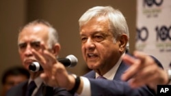 Mexico's President-elect Andres Manuel Lopez Obrador gives a press conference in Mexico City, July 9, 2018. 