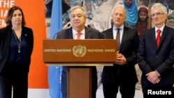 Sekjen PBB Antonio Guterres berbicara pada konferensi PBB untuk penggalangan dana bagi pembangunan Yaman di Jenewa, Swiss, Selasa (3/4).