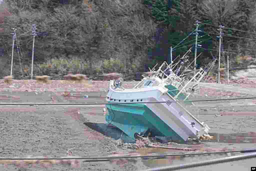 A boat carried inland a month ago by the tsunami still sits in a field, Namie, Fukushima Pref., Japan, March 12 2011 (VOA - S. L. Herman)