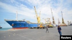 A ship docks at the Red Sea port of Hodeidah, Yemen, Feb. 1, 2017. 