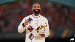 Equatorial Guinea forward Emilio Nsue Lopez, poses for a photograph after he received Golden boot award at the end of the 2023 African Cup of Nations, in Abidjan, Ivory Coast, February 11, 2024.