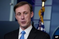FILE - National security adviser Jake Sullivan speaks during a press briefing at the White House in Washington.