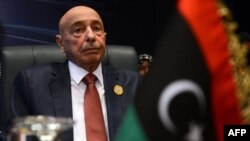 Le président de la Chambre des représentants libyenne, Aguila Saleh, à la séance de clôture du sommet de la Ligue arabe à Sharm El Sheikh, station balnéaire égyptienne de la mer Rouge, 29 mars 2015.