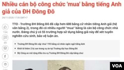 Bản tin về bằng giả được đăng trên báo chí trong nước. (Hình: Trích xuất từ tuoitre.vn)