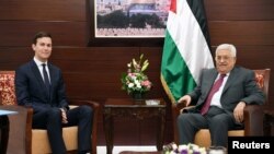 FILE - Palestinian President Mahmoud Abbas meets with White House senior adviser Jared Kushner in the West Bank City of Ramallah, June 21, 2017.