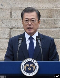 South Korean President Moon Jae-in speaks during a ceremony to mark the 101th anniversary of the March First Independence Movement Day, the anniversary of the 1919 uprising against Japanese colonial rule, in Seoul, March 1, 2020…