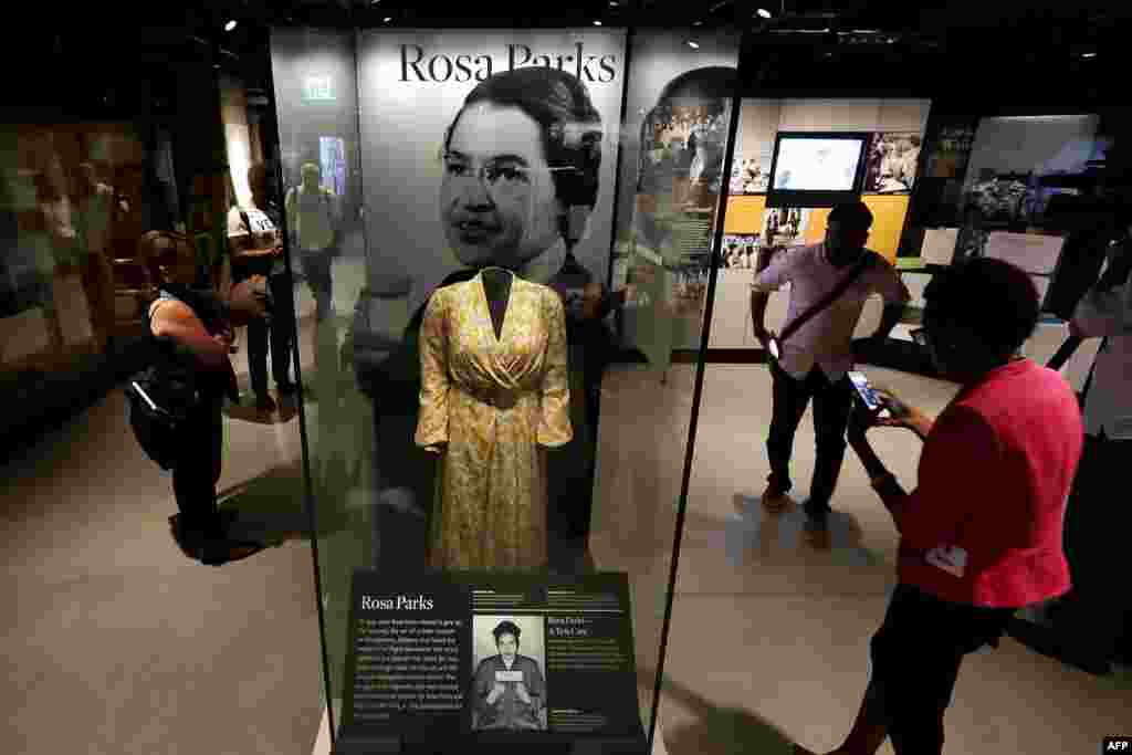 Civil Rights pioneer Rosa Parks&#39; dress is on display in the concourse galleries at the Smithsonian&#39;s National Museum of African American History and Culture on the National Mall Sept. 14, 2016 in Washington.