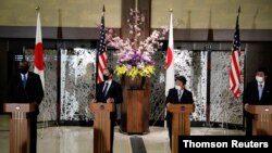 지난 3월 일본 도쿄에서 열린 미-일 외교·국방장관 회담 직후 참석자들이 공동기자회견을 하고 있다. 왼쪽부터 로이드 오스틴 미 국방장관, 토니 블링컨 국무장관, 모테기 도시미쓰 당시 일본 외무상, 기시 노부오 방위상.