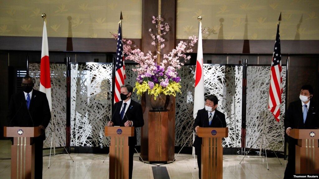 美国与日本2021年3月16日在东京举行外长及防长2加2会谈(photo:VOA)