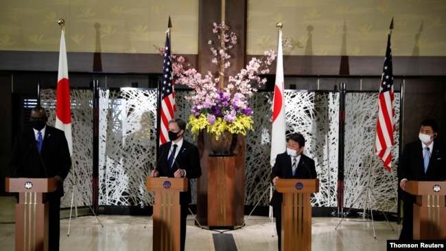 美国国务卿布林肯与国防部长奥斯汀2021年3月16日在东京出席2加2会议（路透社）