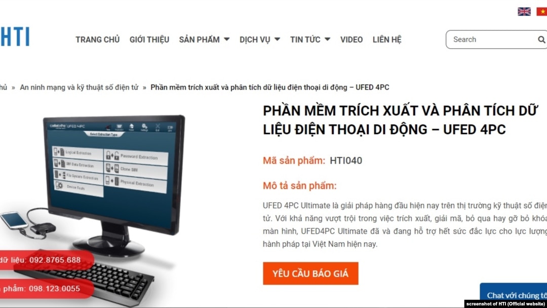 Trang web của HTI ở Việt Nam giới thiệu về phần mềm UFED của hãng Cellebrite, Israel.