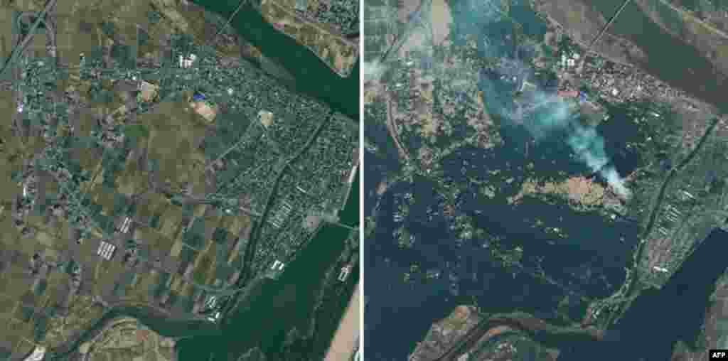 Satellite images of Natori, Japan is seen. The photo on the left was taken April 4, 2010. The photo on the right was taken Saturday, March 12, 2011, one day after the earthquake struck the Oshika Peninsula. (AP/GeoEye)