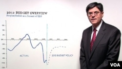 Jack Lew, Direktor Ureda američke vlade za menadžment i budžet, objašnjava na grafikonu uštede koje je predložio predsjednik Obama