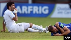Uruguay's forward Luis Suarez (L) reacts past Italy's defender Giorgio Chiellini during a Group D football match between Italy and Uruguay at the Dunas Arena in Natal during the 2014 FIFA World Cup, June 24, 2014.