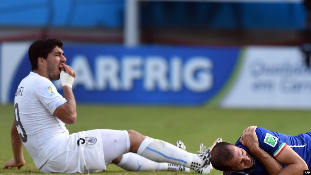 Penyerang Uruguay Luis Suarez (kiri) dan pemain belakang Italia Giorgio Chiellini dalam pertandingan sepak bola Grup D antara Italia dan Uruguay di Dunas Arena in Natal pada Piala Dunia 2014, 24 Juni 2014.