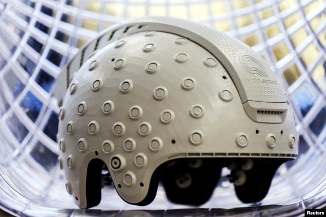 An electroencephalogram (EEG) enabled helmet, due to be used in an experiment on the effects of a microgravity environment on the brain activity of astronauts is shown at Israeli startup Brain.Space in Tel Aviv, Israel on March 22, 2022. (REUTERS/Nir Elias)