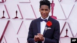 Jon Batiste arrives at the Oscars on April 25, 2021, at Union Station in Los Angeles. 