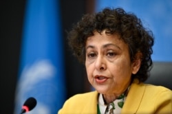 FILE - Irene Khan, special rapporteur on the promotion and protection of the right to freedom of opinion and expression, speaks at a press conference March 1, 2021, in Geneva. (U.N. photo)