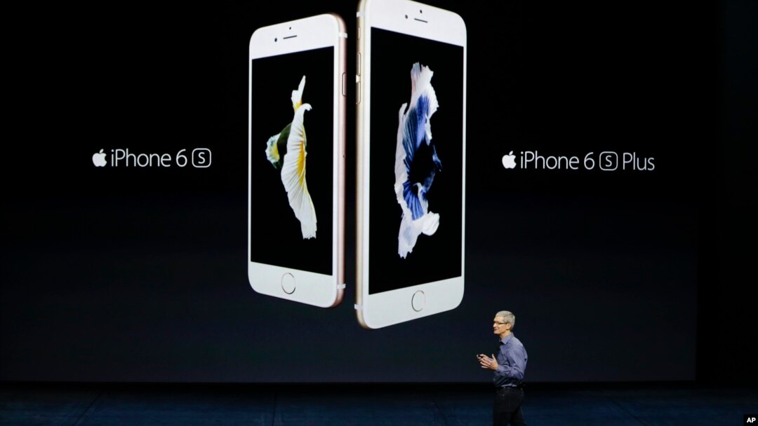 Apple CEO Tim Cook discusses the new iPhone 6s and iPhone 6s Plus during the Apple event at the Bill Graham Civic Auditorium in San Francisco, Sept. 9, 2015.