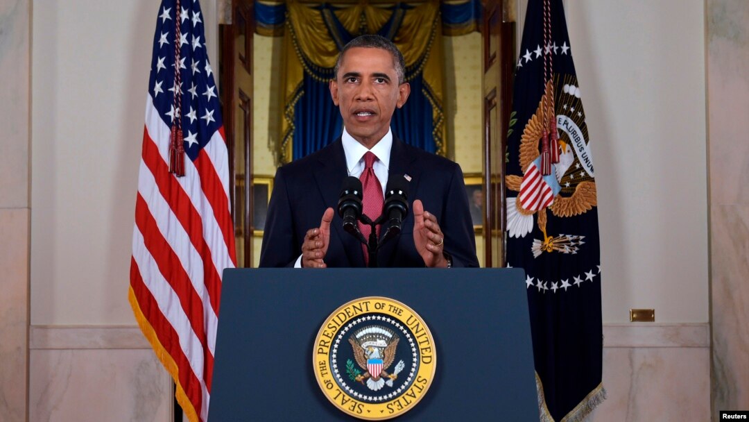 Presiden Barack Obama menyampaikan pidato dari Gedung Putih kepada rakyat AS mengenai rencana aksi militer melawan militan-militan Negara Islam (ISIS) (10/9). (Reuters/Saul Loeb)